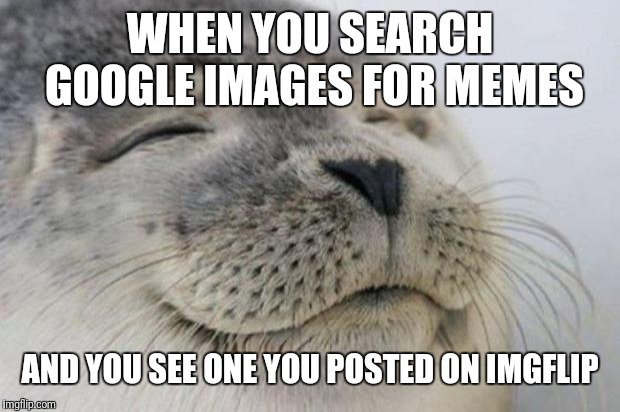 This actually happed to me | WHEN YOU SEARCH GOOGLE IMAGES FOR MEMES; AND YOU SEE ONE YOU POSTED ON IMGFLIP | image tagged in happy seal,memes,google images | made w/ Imgflip meme maker