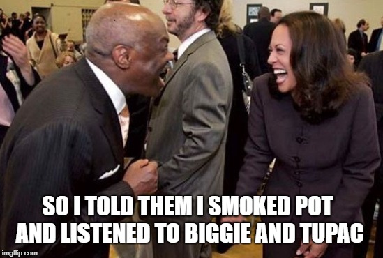 Willie and Kamala | SO I TOLD THEM I SMOKED POT AND LISTENED TO BIGGIE AND TUPAC | image tagged in willie and kamala | made w/ Imgflip meme maker