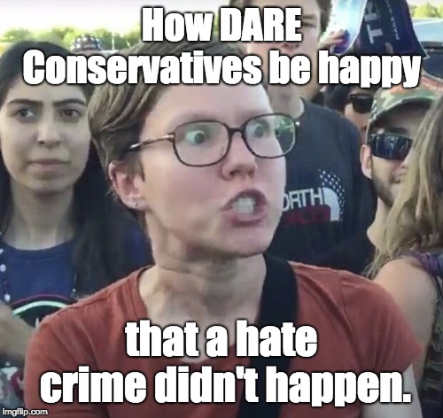 Some groups are more susceptible to FAKE NEWS than others..... | How DARE Conservatives be happy; that a hate crime didn't happen. | image tagged in triggered feminist,conservatives,fake news,empire | made w/ Imgflip meme maker