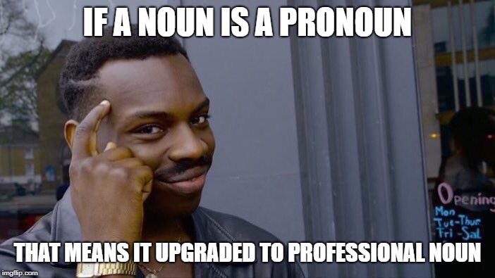 Grammar Nazis, Galore | IF A NOUN IS A PRONOUN; THAT MEANS IT UPGRADED TO PROFESSIONAL NOUN | image tagged in memes,roll safe think about it,puns | made w/ Imgflip meme maker