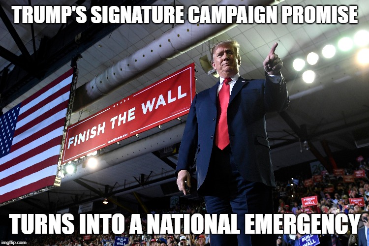 TRUMP'S SIGNATURE CAMPAIGN PROMISE; TURNS INTO A NATIONAL EMERGENCY | image tagged in donald trump,memes,funny,republicans,funny memes | made w/ Imgflip meme maker