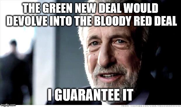 I Guarantee It Meme | THE GREEN NEW DEAL WOULD DEVOLVE INTO THE BLOODY RED DEAL; I GUARANTEE IT | image tagged in memes,i guarantee it | made w/ Imgflip meme maker