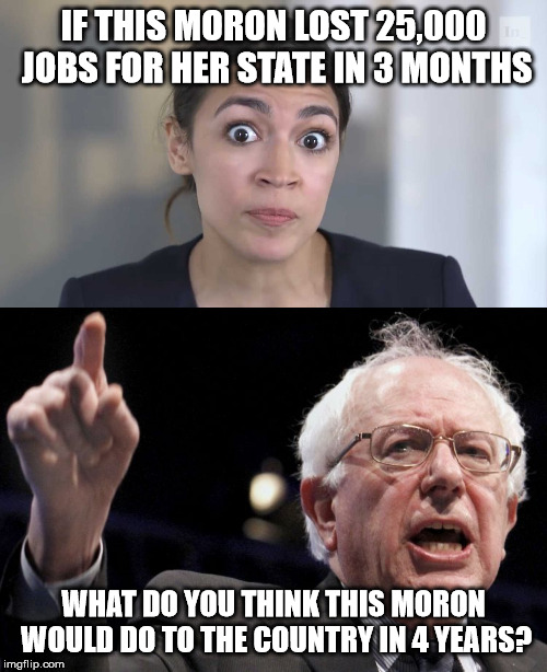 NOcialism | IF THIS MORON LOST 25,000 JOBS FOR HER STATE IN 3 MONTHS; WHAT DO YOU THINK THIS MORON WOULD DO TO THE COUNTRY IN 4 YEARS? | image tagged in bernie sanders,aoc stumped,brokebackbernie | made w/ Imgflip meme maker