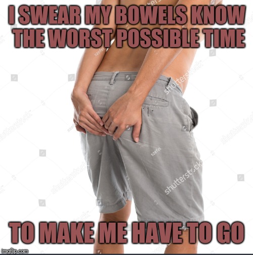 I SWEAR MY BOWELS KNOW THE WORST POSSIBLE TIME TO MAKE ME HAVE TO GO | made w/ Imgflip meme maker