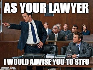 lawyer | AS YOUR LAWYER I WOULD ADVISE YOU TO STFU | image tagged in lawyer | made w/ Imgflip meme maker