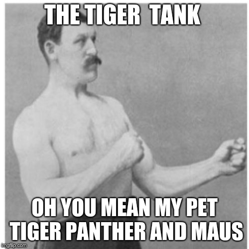 get the references haha ........ i need friend guess ill make dank ww2 memes  | THE TIGER  TANK; OH YOU MEAN MY PET TIGER PANTHER AND MAUS | image tagged in memes,overly manly man | made w/ Imgflip meme maker