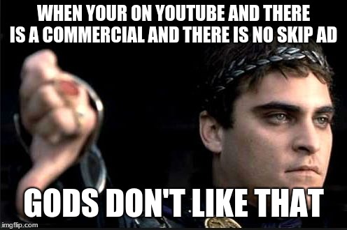 joaquin gladiator | WHEN YOUR ON YOUTUBE AND THERE IS A COMMERCIAL AND THERE IS NO SKIP AD; GODS DON'T LIKE THAT | image tagged in joaquin gladiator | made w/ Imgflip meme maker