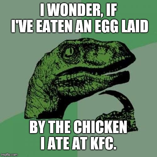 Philosoraptor Meme | I WONDER, IF I'VE EATEN AN EGG LAID; BY THE CHICKEN I ATE AT KFC. | image tagged in memes,philosoraptor | made w/ Imgflip meme maker