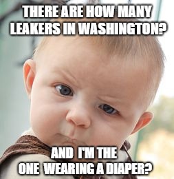 Leakers?! | THERE ARE HOW MANY LEAKERS IN WASHINGTON? AND 
I'M THE ONE 
WEARING A DIAPER? | image tagged in memes,skeptical baby,trump,potus45 | made w/ Imgflip meme maker