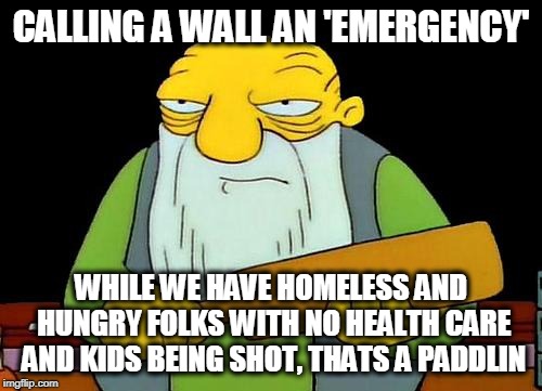 Screw the vets, we need a wall | CALLING A WALL AN 'EMERGENCY'; WHILE WE HAVE HOMELESS AND HUNGRY FOLKS WITH NO HEALTH CARE AND KIDS BEING SHOT, THATS A PADDLIN | image tagged in memes,that's a paddlin',maga,politics,impeach trump,russian bots | made w/ Imgflip meme maker