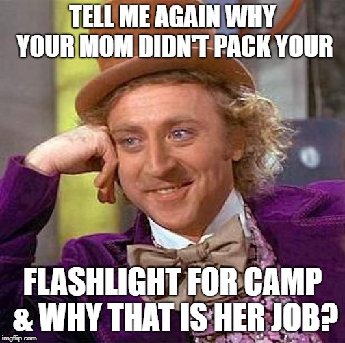 Creepy Condescending Wonka Meme | TELL ME AGAIN WHY YOUR MOM DIDN'T PACK YOUR; FLASHLIGHT FOR CAMP & WHY THAT IS HER JOB? | image tagged in memes,creepy condescending wonka | made w/ Imgflip meme maker