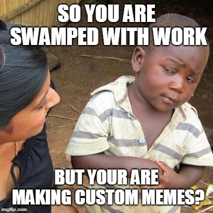 Third World Skeptical Kid | SO YOU ARE SWAMPED WITH WORK; BUT YOUR ARE MAKING CUSTOM MEMES? | image tagged in memes,third world skeptical kid | made w/ Imgflip meme maker