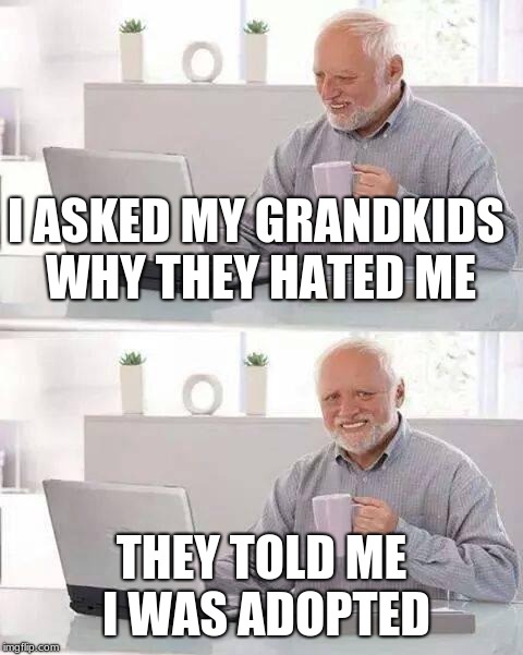 Oof | I ASKED MY GRANDKIDS WHY THEY HATED ME; THEY TOLD ME I WAS ADOPTED | image tagged in memes,hide the pain harold | made w/ Imgflip meme maker