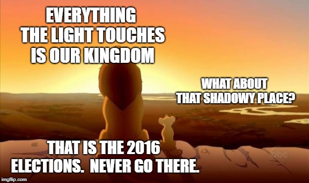 MUFASA AND SIMBA | EVERYTHING THE LIGHT TOUCHES IS OUR KINGDOM; WHAT ABOUT THAT SHADOWY PLACE? THAT IS THE 2016 ELECTIONS.  NEVER GO THERE. | image tagged in mufasa and simba | made w/ Imgflip meme maker