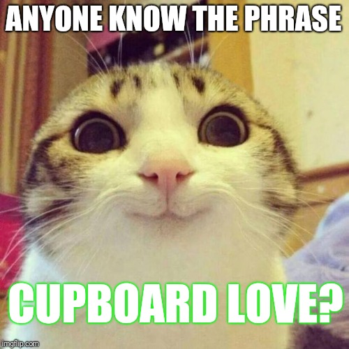 Smiling Cat | ANYONE KNOW THE PHRASE; CUPBOARD LOVE? | image tagged in memes,smiling cat | made w/ Imgflip meme maker