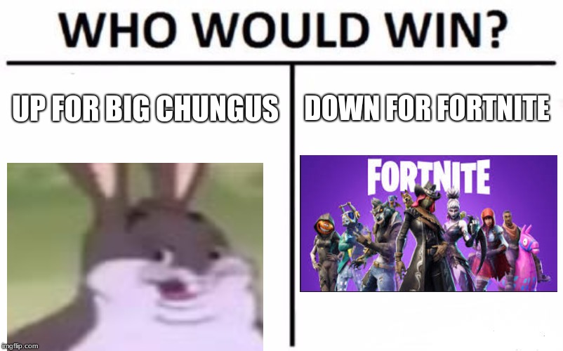 Who Would Win? | UP FOR BIG CHUNGUS; DOWN FOR FORTNITE | image tagged in memes,who would win | made w/ Imgflip meme maker