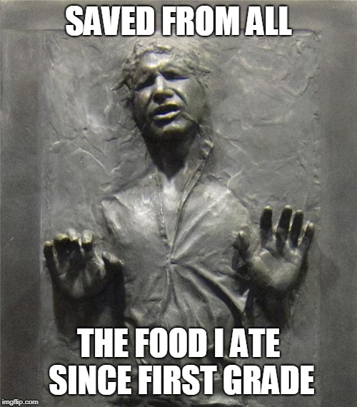 Han Solo Frozen Carbonite | SAVED FROM ALL; THE FOOD I ATE SINCE FIRST GRADE | image tagged in han solo frozen carbonite | made w/ Imgflip meme maker