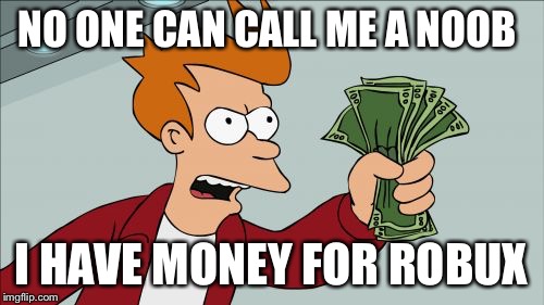 Shut Up And Take My Money Fry | NO ONE CAN CALL ME A NOOB; I HAVE MONEY FOR ROBUX | image tagged in memes,shut up and take my money fry | made w/ Imgflip meme maker