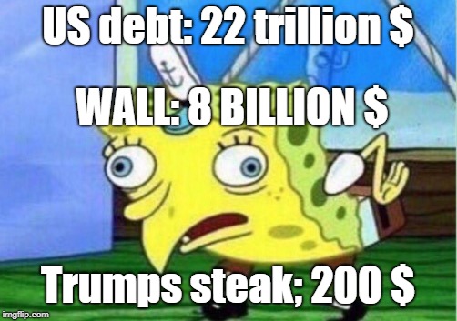 Mocking Spongebob | US debt: 22 trillion $; WALL: 8 BILLION $; Trumps steak; 200 $ | image tagged in memes,mocking spongebob | made w/ Imgflip meme maker