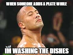 The Rock Smelling | WHEN SOMEONE ADDS A PLATE WHILE; IM WASHING THE DISHES | image tagged in the rock smelling | made w/ Imgflip meme maker