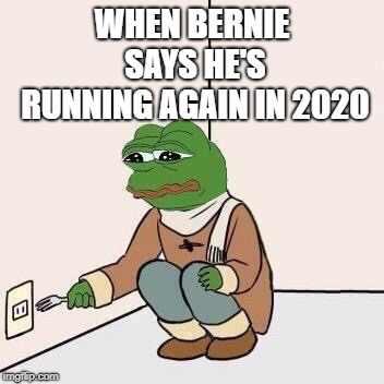 Sad Pepe Suicide | WHEN BERNIE SAYS HE'S RUNNING AGAIN IN 2020 | image tagged in sad pepe suicide,bernie sanders,memes,funny,pepe,funny memes | made w/ Imgflip meme maker