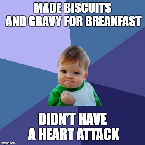 Always start your day with a balanced breakfast. | MADE BISCUITS AND GRAVY FOR BREAKFAST; DIDN'T HAVE A HEART ATTACK | image tagged in memes,success kid,breakfast,second breakfast | made w/ Imgflip meme maker