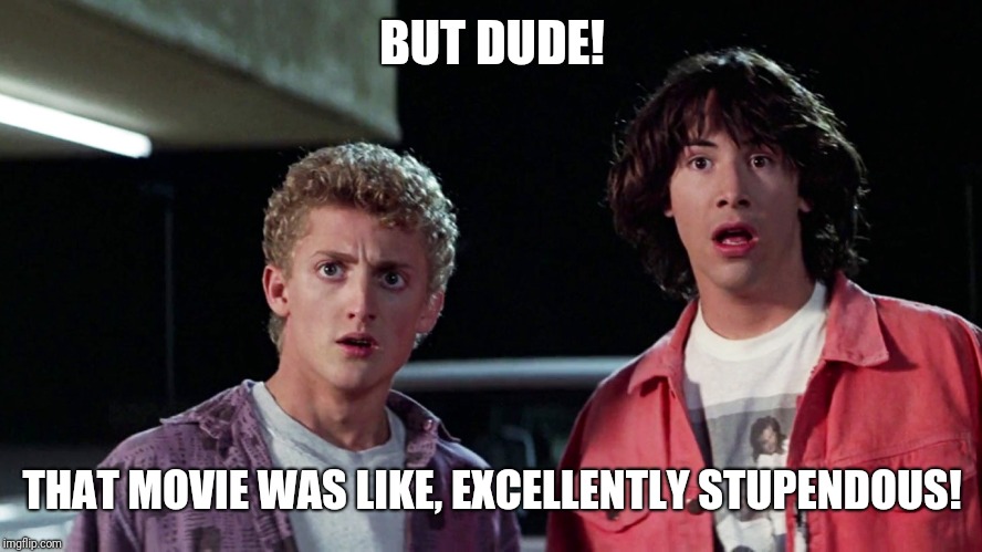 Bill and ted | BUT DUDE! THAT MOVIE WAS LIKE, EXCELLENTLY STUPENDOUS! | image tagged in bill and ted | made w/ Imgflip meme maker