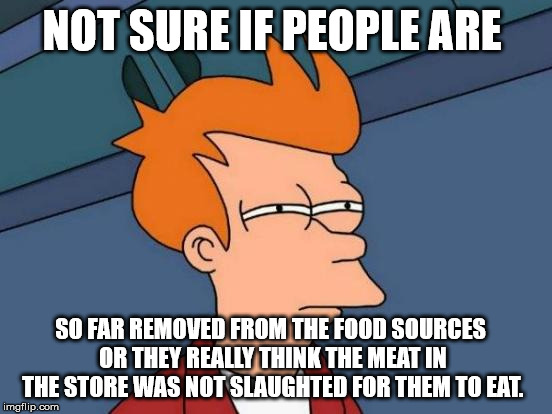 Futurama Fry Meme | NOT SURE IF PEOPLE ARE; SO FAR REMOVED FROM THE FOOD SOURCES OR THEY REALLY THINK THE MEAT IN THE STORE WAS NOT SLAUGHTED FOR THEM TO EAT. | image tagged in memes,futurama fry | made w/ Imgflip meme maker