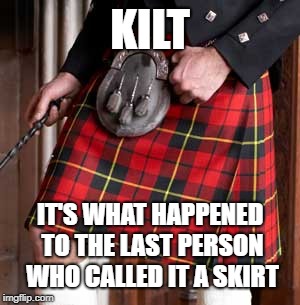nailed in the head with a set of bagpipes, if i remember correctly | KILT; IT'S WHAT HAPPENED TO THE LAST PERSON WHO CALLED IT A SKIRT | image tagged in kilt,dank memes,memes,scottish | made w/ Imgflip meme maker