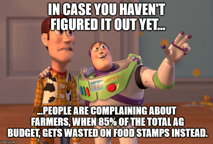 X, X Everywhere | IN CASE YOU HAVEN'T FIGURED IT OUT YET... ...PEOPLE ARE COMPLAINING ABOUT FARMERS, WHEN 85% OF THE TOTAL AG BUDGET, GETS WASTED ON FOOD STAMPS INSTEAD. | image tagged in memes,x x everywhere | made w/ Imgflip meme maker