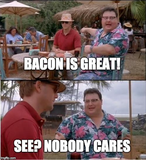 See Nobody Cares | BACON IS GREAT! SEE? NOBODY CARES | image tagged in memes,see nobody cares | made w/ Imgflip meme maker