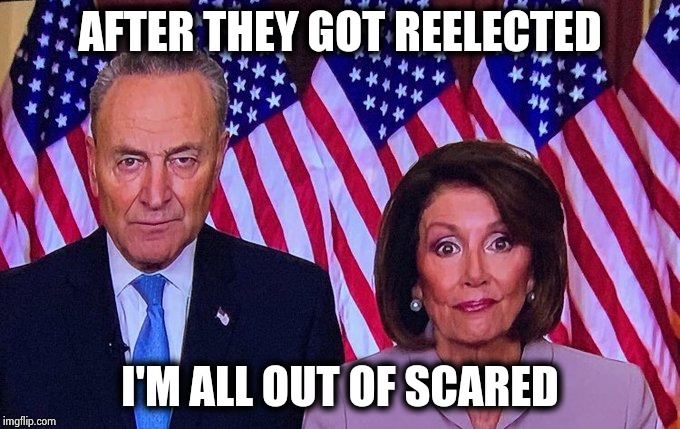 Nancy and Chuck | AFTER THEY GOT REELECTED I'M ALL OUT OF SCARED | image tagged in nancy and chuck | made w/ Imgflip meme maker