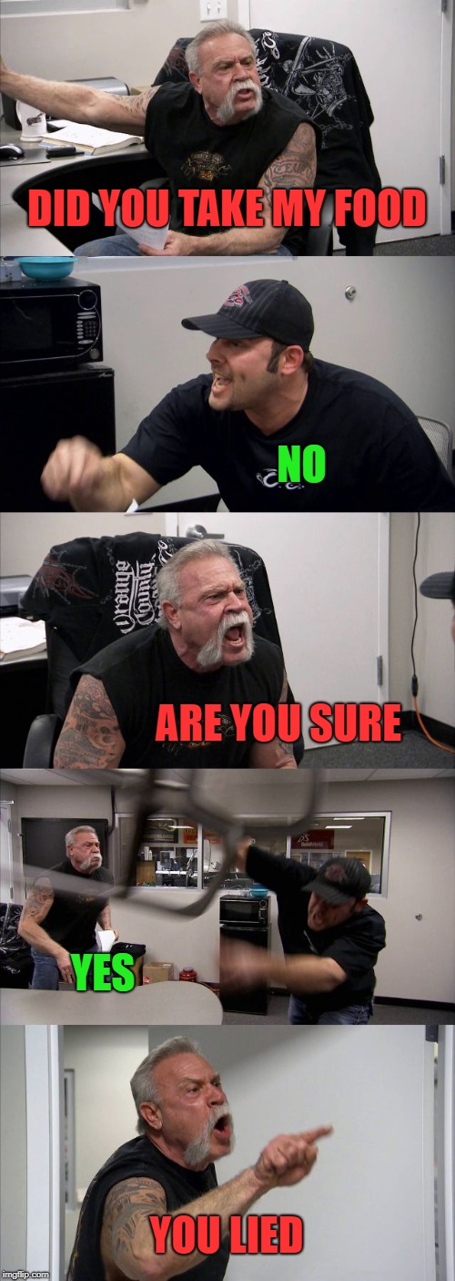 American Chopper Argument Meme | DID YOU TAKE MY FOOD; NO; ARE YOU SURE; YES; YOU LIED | image tagged in memes,american chopper argument | made w/ Imgflip meme maker