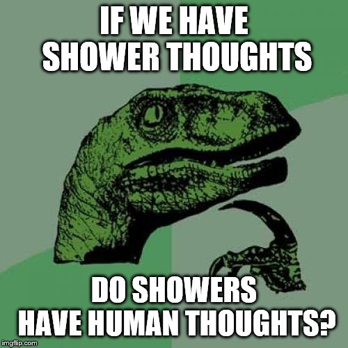 Philosoraptor | IF WE HAVE SHOWER THOUGHTS; DO SHOWERS HAVE HUMAN THOUGHTS? | image tagged in memes,philosoraptor | made w/ Imgflip meme maker