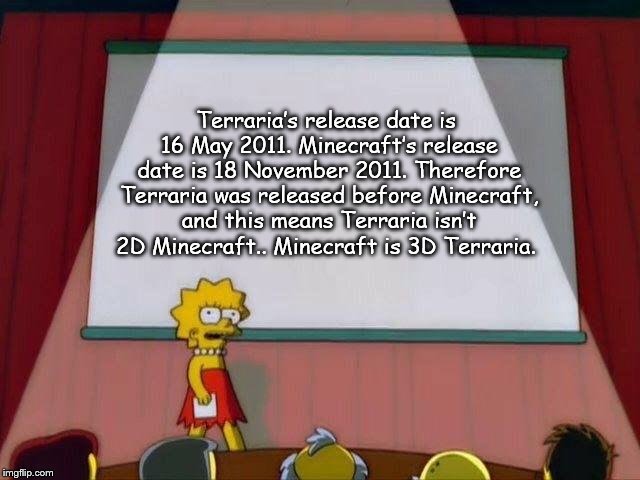The real answer to this question.. | Terraria’s release date is 16 May 2011.
Minecraft’s release date is 18 November 2011.
Therefore Terraria was released before Minecraft, and this means Terraria isn’t 2D Minecraft.. Minecraft is 3D Terraria. | image tagged in lisa simpson's presentation | made w/ Imgflip meme maker