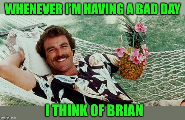 Magnum cheers! | WHENEVER I’M HAVING A BAD DAY I THINK OF BRIAN | image tagged in magnum cheers | made w/ Imgflip meme maker