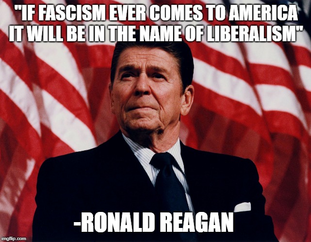 ronald regan | "IF FASCISM EVER COMES TO AMERICA IT WILL BE IN THE NAME OF LIBERALISM"; -RONALD REAGAN | image tagged in ronald regan | made w/ Imgflip meme maker