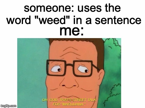 Another word ruined by this generation, oh well... | someone: uses the word "weed" in a sentence; me: | image tagged in memes,funny,dank memes,hank hill,marijuana,king of the hill | made w/ Imgflip meme maker