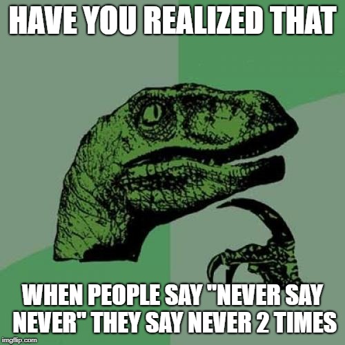 Philosoraptor | HAVE YOU REALIZED THAT; WHEN PEOPLE SAY "NEVER SAY NEVER" THEY SAY NEVER 2 TIMES | image tagged in memes,philosoraptor | made w/ Imgflip meme maker