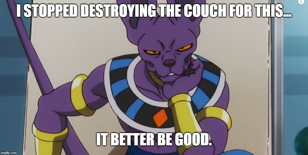 Beerus sits on chair (Broly Movie 2019) | I STOPPED DESTROYING THE COUCH FOR THIS... IT BETTER BE GOOD. | image tagged in beerus sits on chair broly movie 2019 | made w/ Imgflip meme maker