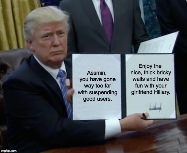 Trump Bill Signing Meme | Assmin, you have gone way too far with suspending good users. Enjoy the nice, thick bricky walls and have fun with your girlfriend Hillary. | image tagged in memes,trump bill signing | made w/ Imgflip meme maker