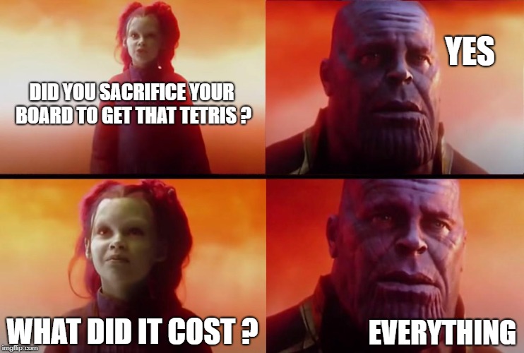 thanos what did it cost | YES; DID YOU SACRIFICE YOUR BOARD TO GET THAT TETRIS ? WHAT DID IT COST ? EVERYTHING | image tagged in thanos what did it cost | made w/ Imgflip meme maker