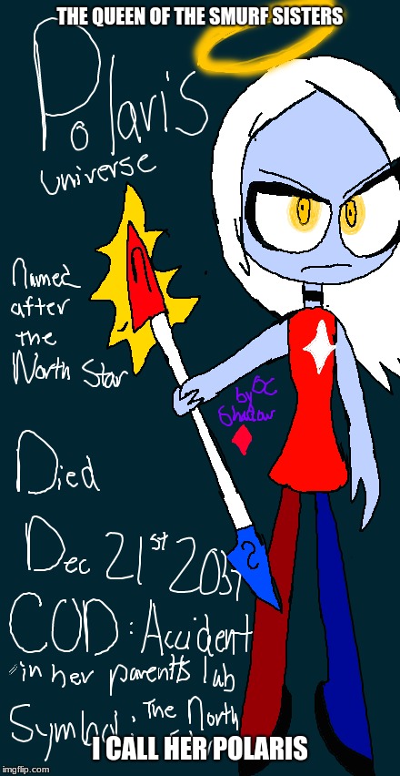 Polaris: Smurf Queen and only know threat to Shadow(the queen of darkness) | THE QUEEN OF THE SMURF SISTERS; I CALL HER POLARIS | image tagged in polaris,ocs,shadowbonnie,hazbin hotel ocs,lunatik | made w/ Imgflip meme maker
