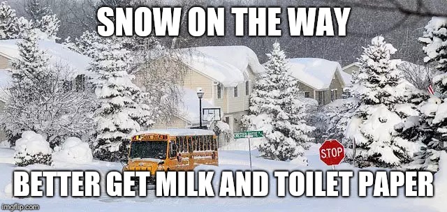 snow days | SNOW ON THE WAY; BETTER GET MILK AND TOILET PAPER | image tagged in snow days | made w/ Imgflip meme maker