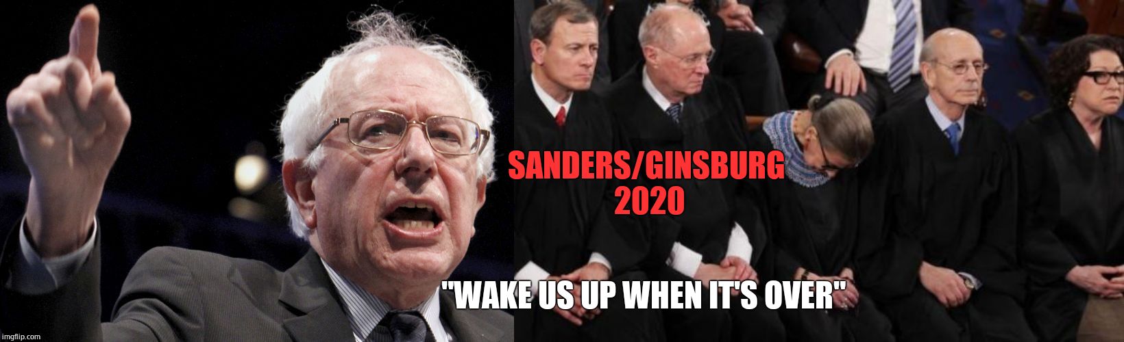 "WAKE US UP WHEN IT'S OVER" SANDERS/GINSBURG 2020 | image tagged in rbg passed out,bernie sanders | made w/ Imgflip meme maker