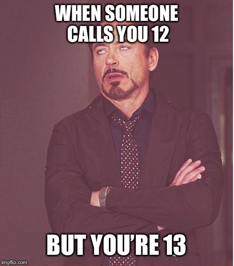 Face You Make Robert Downey Jr Meme | WHEN SOMEONE CALLS YOU 12; BUT YOU’RE 13 | image tagged in memes,face you make robert downey jr | made w/ Imgflip meme maker