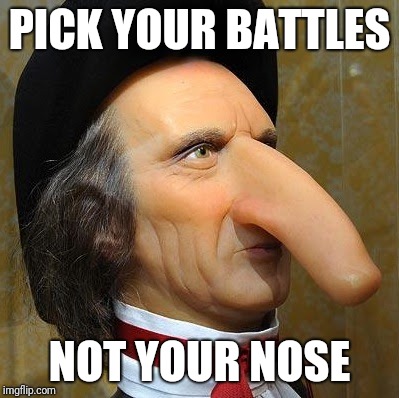 Confuse us say | PICK YOUR BATTLES; NOT YOUR NOSE | image tagged in funny nose | made w/ Imgflip meme maker
