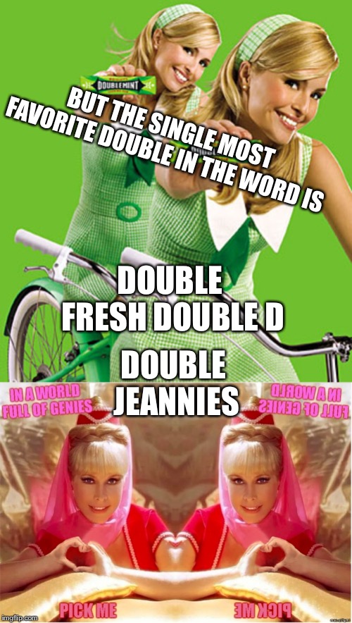 BUT THE SINGLE MOST FAVORITE DOUBLE IN THE WORD IS; DOUBLE FRESH DOUBLE D; DOUBLE JEANNIES | image tagged in doublemint twins,jeannie twins of genie | made w/ Imgflip meme maker