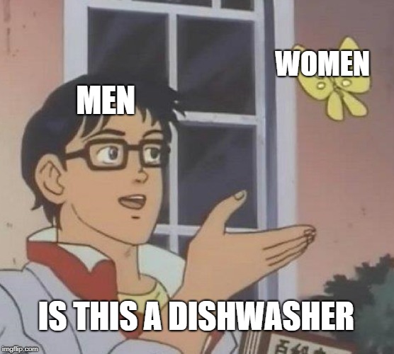Is This A Pigeon Meme | WOMEN; MEN; IS THIS A DISHWASHER | image tagged in memes,is this a pigeon | made w/ Imgflip meme maker