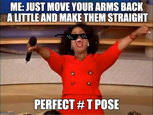 Oprah You Get A | ME: JUST MOVE YOUR ARMS BACK A LITTLE AND MAKE THEM STRAIGHT; PERFECT # T POSE | image tagged in memes,oprah you get a | made w/ Imgflip meme maker